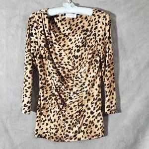 Calvin Klein Ruched 3/4 Sleeve Blouse Leopard Print Size S